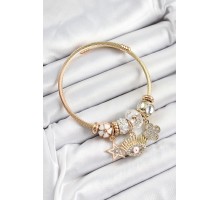 316L Çelik Beyaz Zirkon Taşlı Yıldız Göz Ve Yonca Model Gold Renk Charm Bileklik - TJ-BB7283