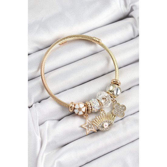 316L Çelik Beyaz Zirkon Taşlı Yıldız Göz Ve Yonca Model Gold Renk Charm Bileklik - TJ-BB7283