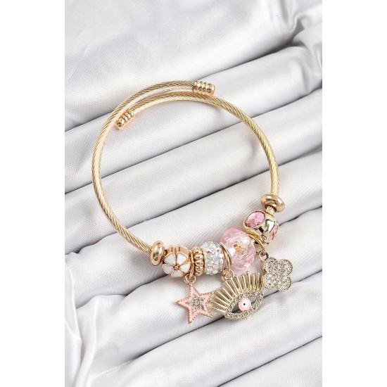 316L Çelik Pembe Zirkon Taşlı Yıldız Göz Ve Yonca Model Gold Renk Charm Bileklik - TJ-BB7284