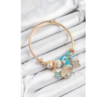 316L Çelik Mavi Zirkon Taşlı Yıldız Göz Ve Yonca Model Gold Renk Charm Bileklik - TJ-BB7285