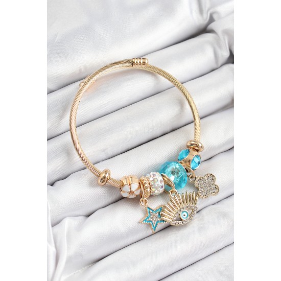 316L Çelik Mavi Zirkon Taşlı Yıldız Göz Ve Yonca Model Gold Renk Charm Bileklik - TJ-BB7285