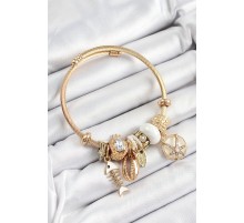 316L Çelik Beyaz Zirkon Taşlı Balık Deniz Kabuğu Ve Deniz Yıldızı Model Gold Renk Charm Bileklik - TJ-BB7286