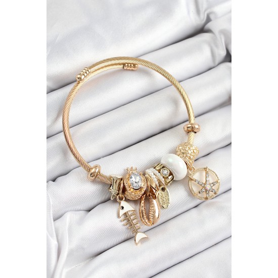 316L Çelik Beyaz Zirkon Taşlı Balık Deniz Kabuğu Ve Deniz Yıldızı Model Gold Renk Charm Bileklik - TJ-BB7286