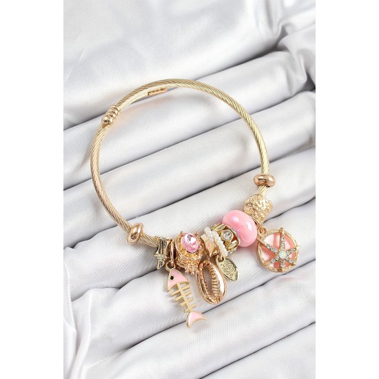 316L Çelik Pembe Zirkon Taşlı Balık Deniz Kabuğu Ve Deniz Yıldızı Model Gold Renk Charm Bileklik - TJ-BB7287