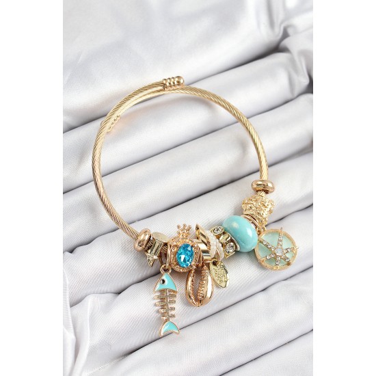 316L Çelik Mavi Zirkon Taşlı Balık Deniz Kabuğu Ve Deniz Yıldızı Model Gold Renk Charm Bileklik - TJ-BB7288