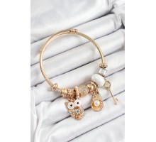 316L Çelik Beyaz Zirkon Taşlı Baykuş İstiridye Ve Anahtar Model Gold Renk Charm Bileklik - TJ-BB7289