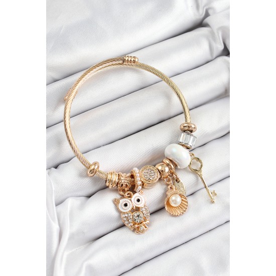 316L Çelik Beyaz Zirkon Taşlı Baykuş İstiridye Ve Anahtar Model Gold Renk Charm Bileklik - TJ-BB7289