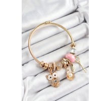 316L Çelik Pembe Zirkon Taşlı Baykuş İstiridye Ve Anahtar Model Gold Renk Charm Bileklik - TJ-BB7290