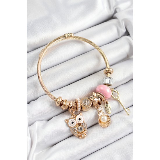 316L Çelik Pembe Zirkon Taşlı Baykuş İstiridye Ve Anahtar Model Gold Renk Charm Bileklik - TJ-BB7290