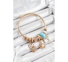 316L Çelik Mavi Zirkon Taşlı Baykuş İstiridye Ve Anahtar Model Gold Renk Charm Bileklik - TJ-BB7291