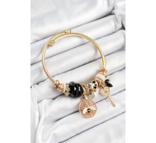 316L Çelik Siyah Zirkon Taşlı Baykuş Arı Ve Anahtar Model Gold Renk Charm Bileklik - TJ-BB7292