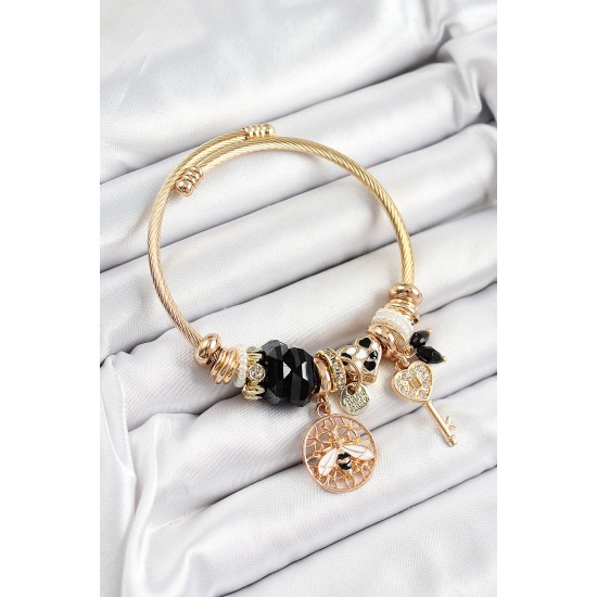 316L Çelik Siyah Zirkon Taşlı Baykuş Arı Ve Anahtar Model Gold Renk Charm Bileklik - TJ-BB7292