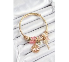 316L Çelik Pembe Zirkon Taşlı Baykuş Arı Ve Anahtar Model Gold Renk Charm Bileklik - TJ-BB7293