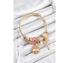 316L Çelik Pembe Zirkon Taşlı Baykuş Arı Ve Anahtar Model Gold Renk Charm Bileklik - TJ-BB7293