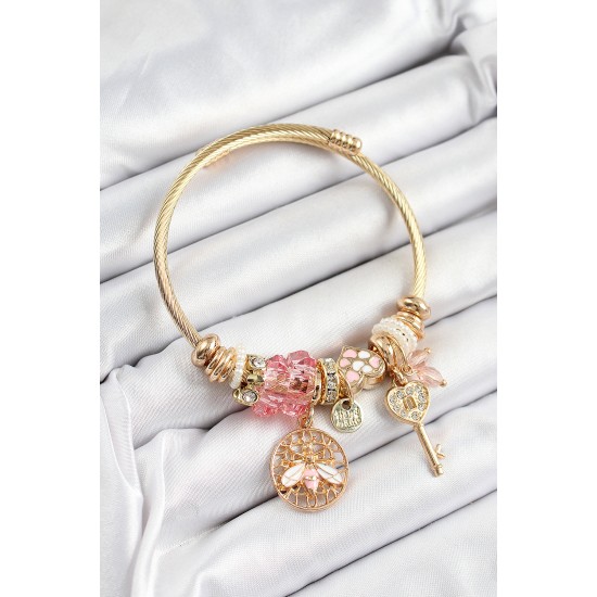 316L Çelik Pembe Zirkon Taşlı Baykuş Arı Ve Anahtar Model Gold Renk Charm Bileklik - TJ-BB7293