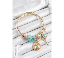 316L Çelik Mavi Zirkon Taşlı Baykuş Arı Ve Anahtar Model Gold Renk Charm Bileklik - TJ-BB7294