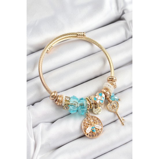 316L Çelik Mavi Zirkon Taşlı Baykuş Arı Ve Anahtar Model Gold Renk Charm Bileklik - TJ-BB7294