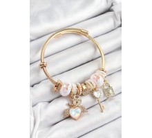 316L Çelik Beyaz Zirkon Taşlı Kilit Anahtar Ve Kalp Model Gold Renk Charm Bileklik - TJ-BB7295