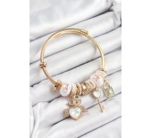 316L Çelik Beyaz Zirkon Taşlı Kilit Anahtar Ve Kalp Model Gold Renk Charm Bileklik - TJ-BB7295