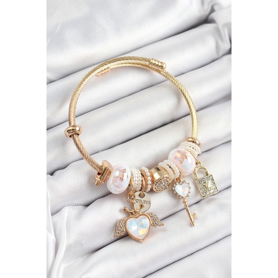 316L Çelik Beyaz Zirkon Taşlı Kilit Anahtar Ve Kalp Model Gold Renk Charm Bileklik - TJ-BB7295