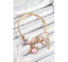316L Çelik Pembe Zirkon Taşlı Kilit Anahtar Ve Kalp Model Gold Renk Charm BileklikCharm Bileklik - TJ-BB7296