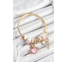 316L Çelik Pembe Zirkon Taşlı Kilit Anahtar Ve Kalp Model Gold Renk Charm BileklikCharm Bileklik - TJ-BB7296