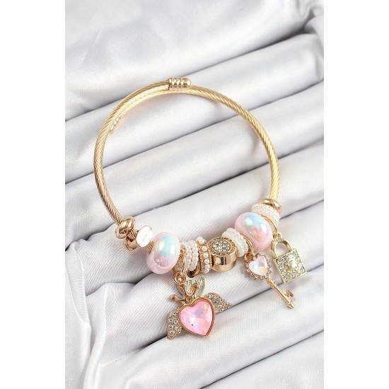 316L Çelik Pembe Zirkon Taşlı Kilit Anahtar Ve Kalp Model Gold Renk Charm BileklikCharm Bileklik - TJ-BB7296