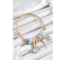 316L Çelik Mavi Zirkon Taşlı Kilit Anahtar Ve Kalp Model Gold Renk Charm BileklikCharm Bileklik - TJ-BB7297