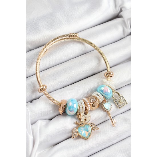 316L Çelik Mavi Zirkon Taşlı Kilit Anahtar Ve Kalp Model Gold Renk Charm BileklikCharm Bileklik - TJ-BB7297