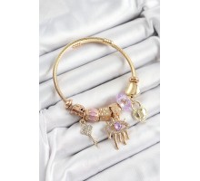 316L Çelik Mor Zirkon Taşlı Kilit Göz Ve Anahtar Model Gold Renk Charm Bileklik - TJ-BB7298