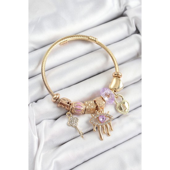 316L Çelik Mor Zirkon Taşlı Kilit Göz Ve Anahtar Model Gold Renk Charm Bileklik - TJ-BB7298