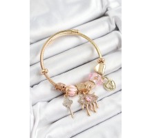 316L Çelik Pembe Zirkon Taşlı Kilit Göz Ve Anahtar Model Gold Renk Charm Bileklik - TJ-BB7299