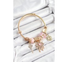 316L Çelik Pembe Zirkon Taşlı Kilit Göz Ve Anahtar Model Gold Renk Charm Bileklik - TJ-BB7299