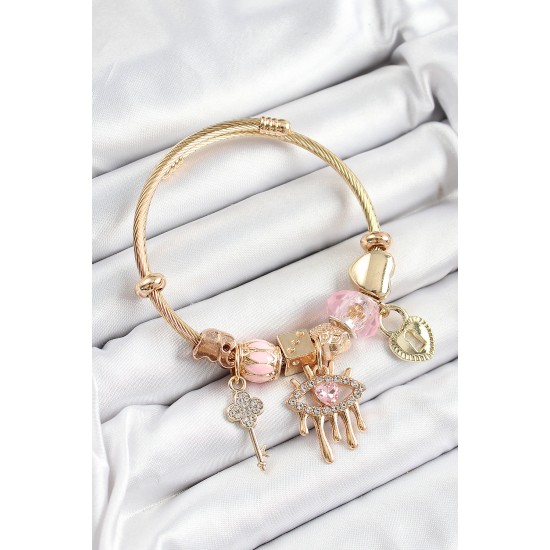 316L Çelik Pembe Zirkon Taşlı Kilit Göz Ve Anahtar Model Gold Renk Charm Bileklik - TJ-BB7299