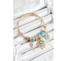 316L Çelik Mavi Zirkon Taşlı Kilit Göz Ve Anahtar Model Gold Renk Charm Bileklik - TJ-BB7300