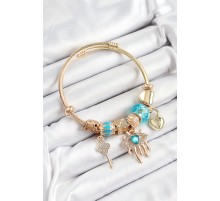 316L Çelik Mavi Zirkon Taşlı Kilit Göz Ve Anahtar Model Gold Renk Charm Bileklik - TJ-BB7300