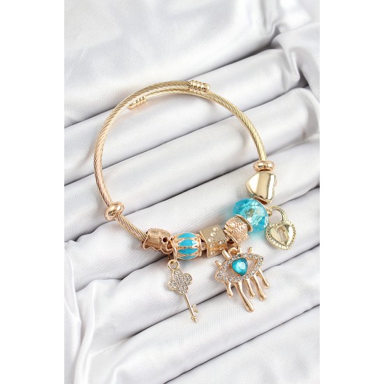 316L Çelik Mavi Zirkon Taşlı Kilit Göz Ve Anahtar Model Gold Renk Charm Bileklik - TJ-BB7300
