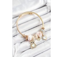 316L Çelik Beyaz Zirkon Taşlı Ayıcık Ve Kalp Model Gold Renk Charm Bileklik - TJ-BB7301