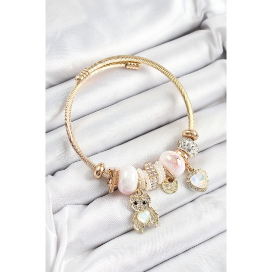 316L Çelik Beyaz Zirkon Taşlı Ayıcık Ve Kalp Model Gold Renk Charm Bileklik - TJ-BB7301