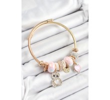 316L Çelik Pembe Zirkon Taşlı Ayıcık Ve Kalp Model Gold Renk Charm Bileklik - TJ-BB7302
