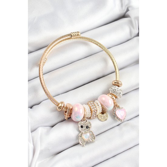 316L Çelik Pembe Zirkon Taşlı Ayıcık Ve Kalp Model Gold Renk Charm Bileklik - TJ-BB7302