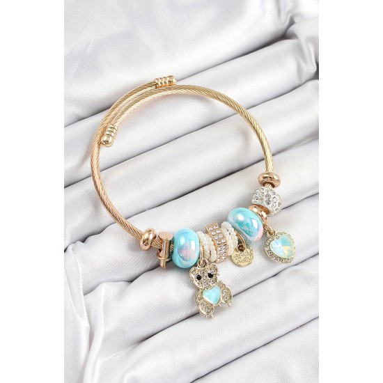 316L Çelik Mavi Zirkon Taşlı Ayıcık Ve Kalp Model Gold Renk Charm Bileklik - TJ-BB7303