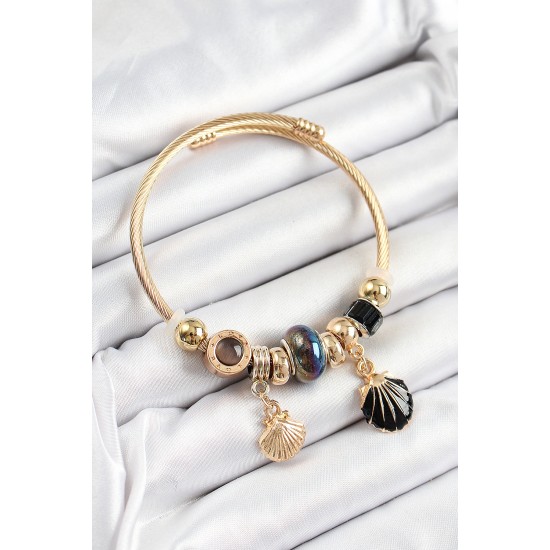 316L Çelik Siyah İstiridye Model Gold Renk Charm Bileklik - TJ-BB7304