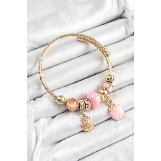 316L Çelik Pembe İstiridye Model Gold Renk Charm Bileklik - TJ-BB7305