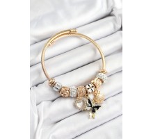 316L Çelik Siyah Zirkon Taşlı Kalp Kelebek Ve İstiridye Model Gold Renk Charm Bileklik - TJ-BB7307