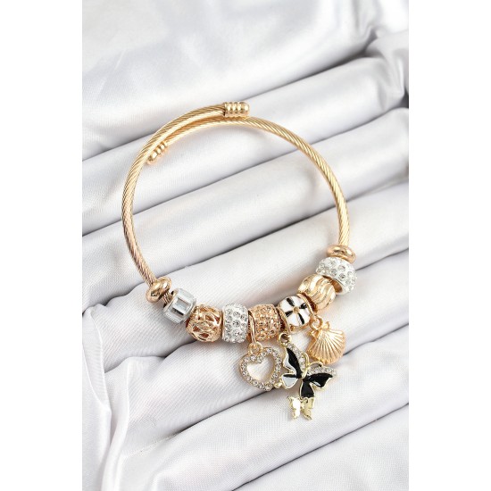 316L Çelik Siyah Zirkon Taşlı Kalp Kelebek Ve İstiridye Model Gold Renk Charm Bileklik - TJ-BB7307