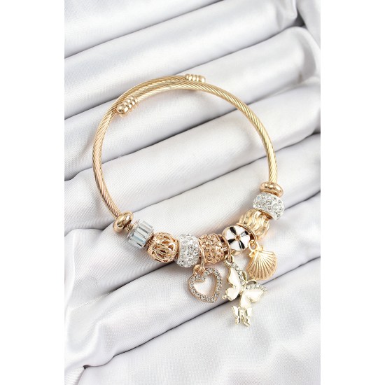 316L Çelik Beyaz Zirkon Taşlı Kalp Kelebek Ve İstiridye Model Gold Renk Charm Bileklik - TJ-BB7308