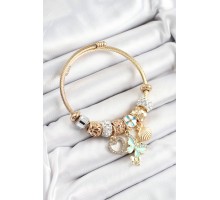 316L Çelik Mavi Zirkon Taşlı Kalp Kelebek Ve İstiridye Model Gold Renk Charm Bileklik - TJ-BB7309