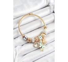 316L Çelik Mavi Zirkon Taşlı Kalp Kelebek Ve İstiridye Model Gold Renk Charm Bileklik - TJ-BB7309