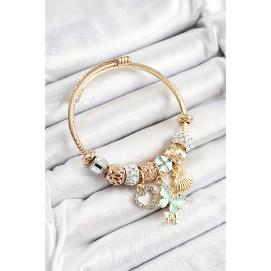 316L Çelik Mavi Zirkon Taşlı Kalp Kelebek Ve İstiridye Model Gold Renk Charm Bileklik - TJ-BB7309